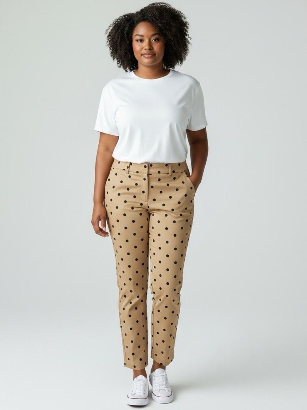 New York & Co The Audrey Pant Khaki Tan Black Polka Dot Slim Leg Ankle 14 NWT